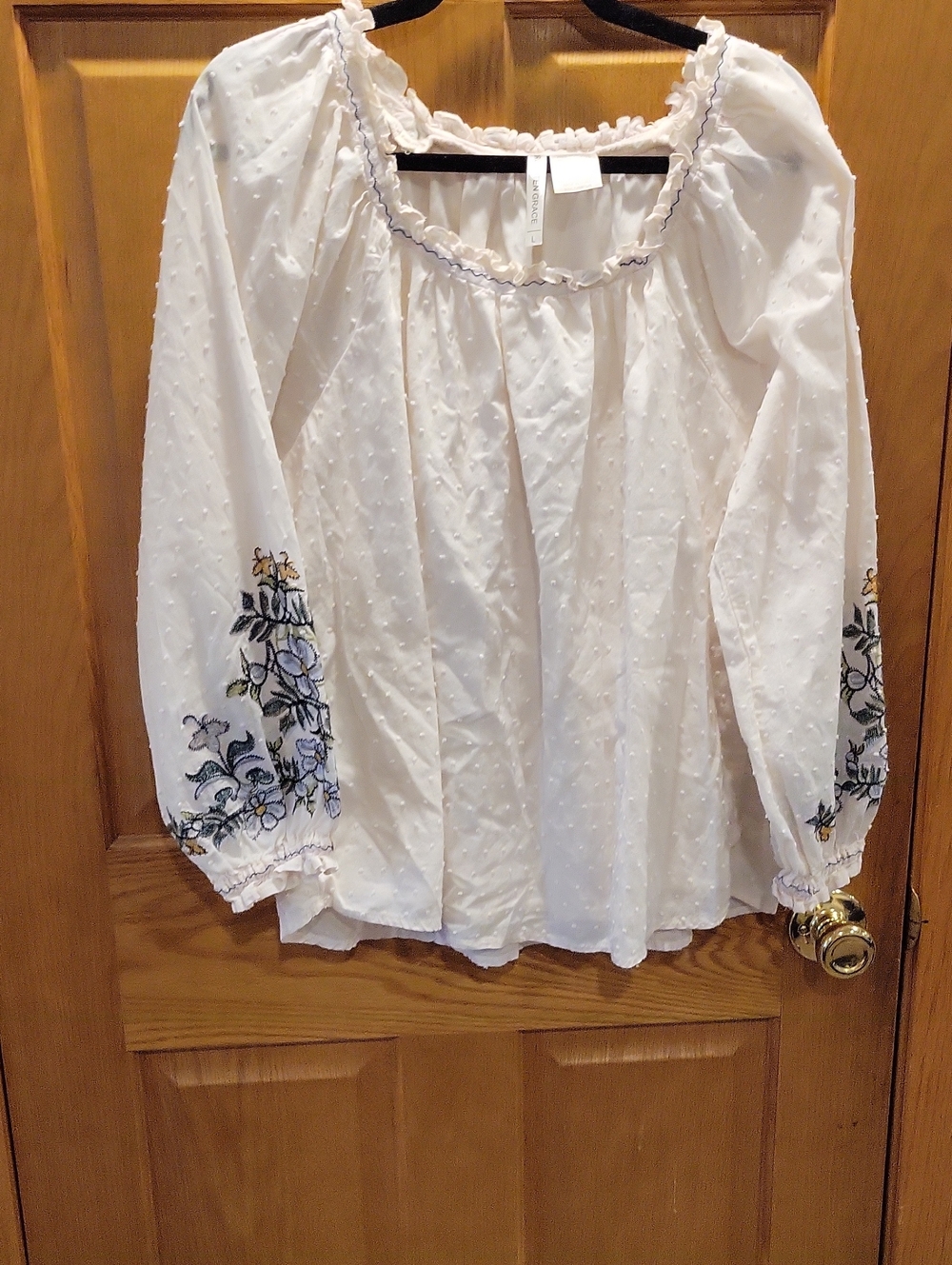 Boho White Swiss Dot Peasant Blouse with Floral Sleeve Embroidery